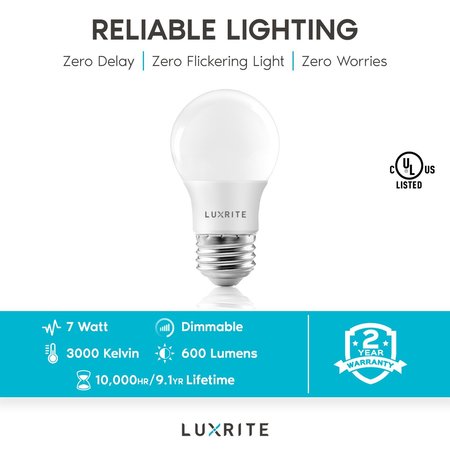 Luxrite A15 LED Light Bulbs 7W (40W Equivalent) 600LM 3000K Soft White Dimmable E26 Base 4-Pack LR21281-4PK